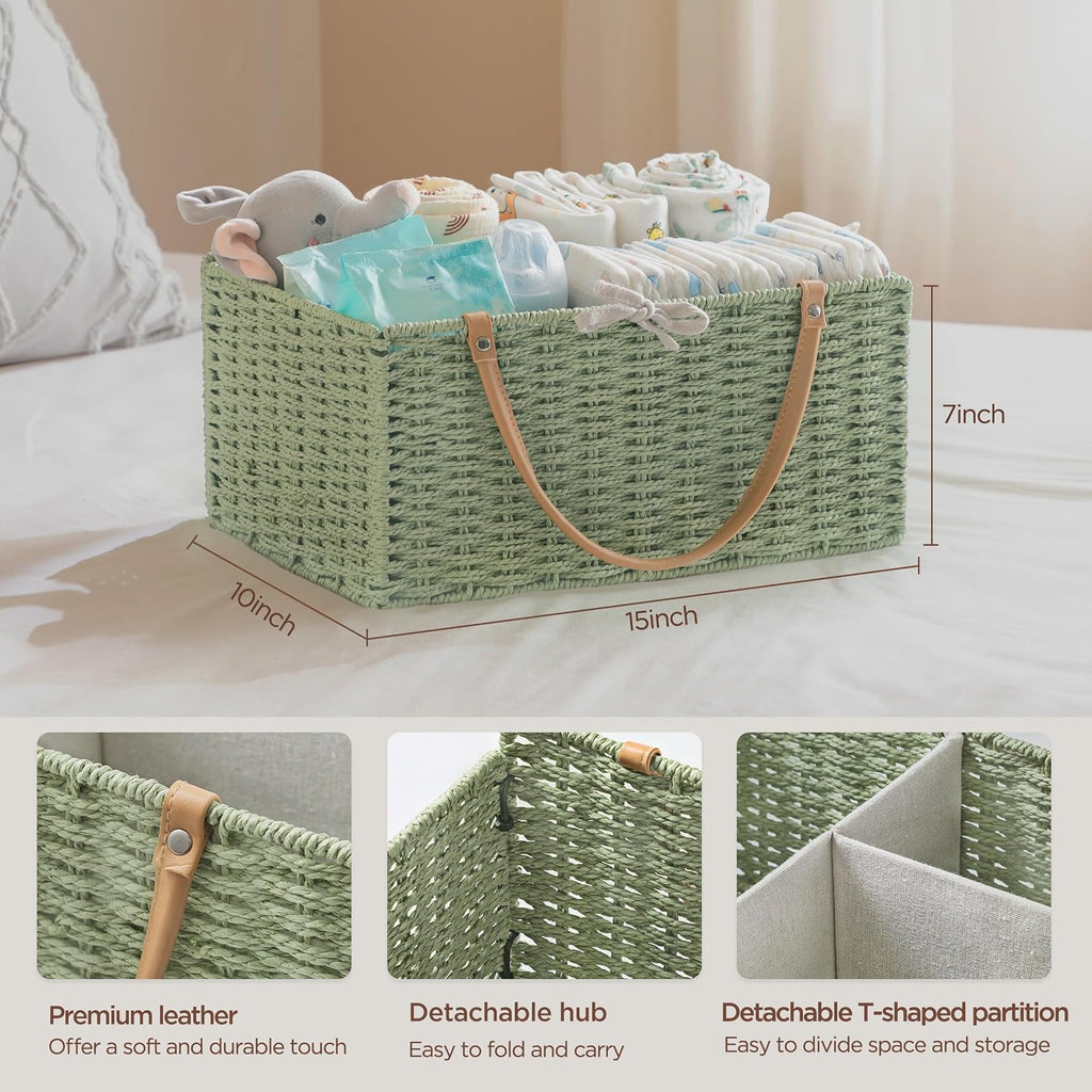 HBlife Large Baby Diaper Caddy Organizer Green, Paper Rope Storage Baskets Nursery Bin with Removable Divider, Portable Car Organizer for Diapers, Baby Shower Gifts, Newborn Essentials Must Haves