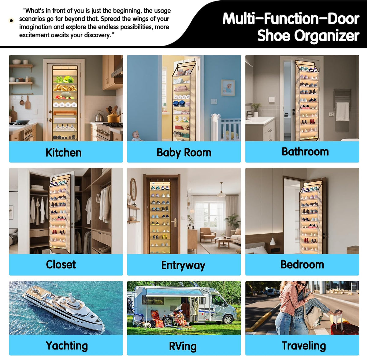 Kotkn 10 Tier Over The Door Organizer - Heavy Duty Hanging Storage Rack with Sturdy Oxford Fabric, Holds 20+ Pairs of Footwear, Boots & Sneakers, Saves 50% Closet Space(Beige)