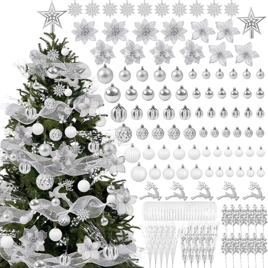 Ouddy Decor 105 Pcs Silver Christmas Tree Ball Ornaments Decorations Set