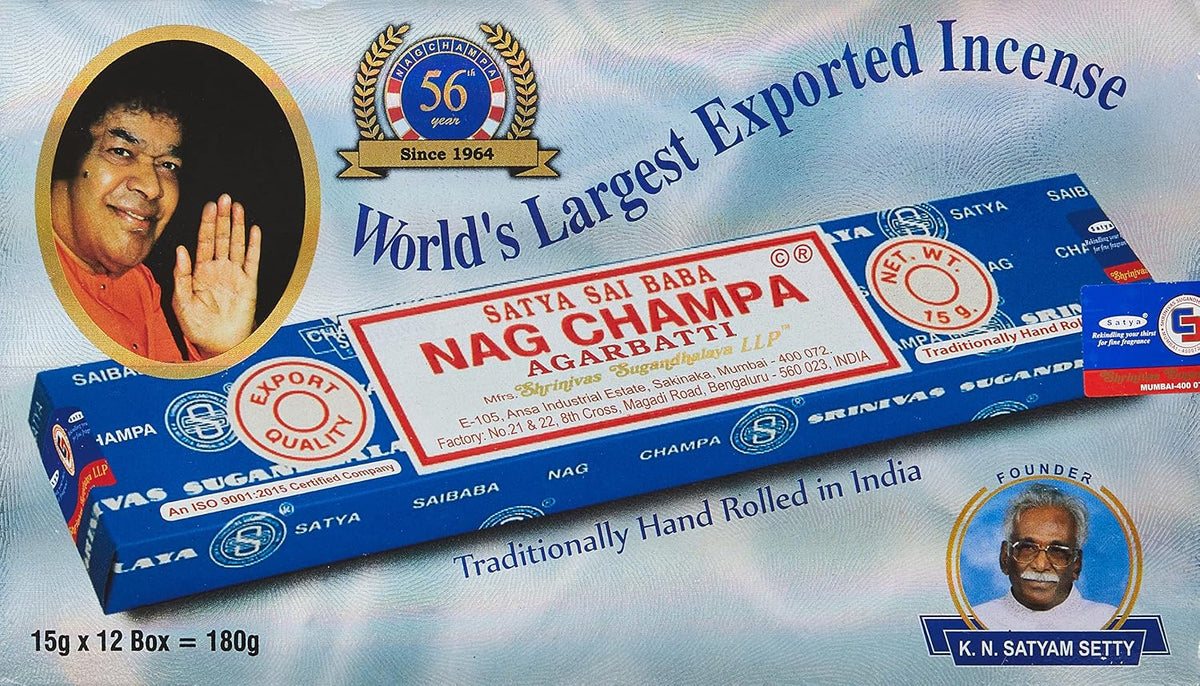 Satya Sai Baba Nag Champa Agarbatti Pack of 12 Incense Sticks Boxes 15gms Each Fine Quality Incense Sticks for Relaxation, Meditation, Positivity and Peace