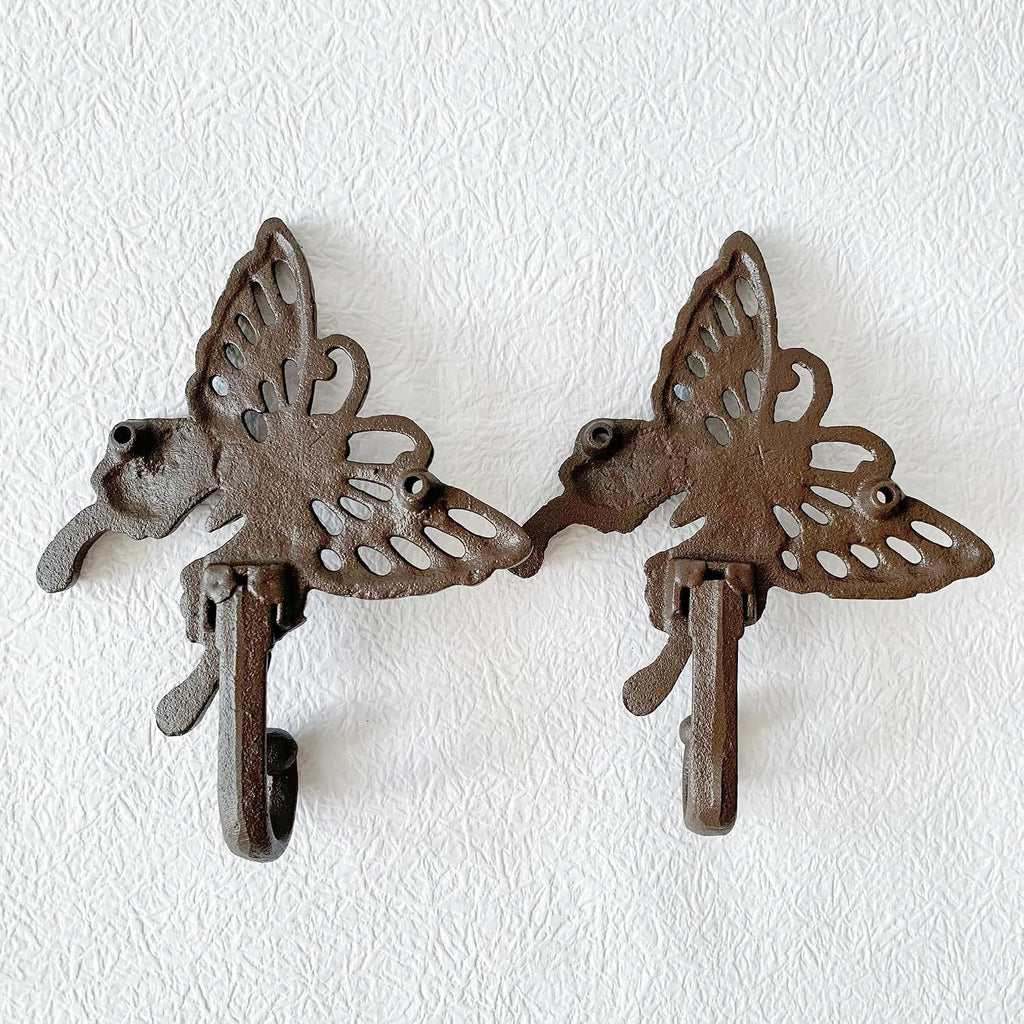 Rustic Butterfly-Shaped Decorative Wall Hook Rack Hangers for Hanging Clothes, Coats, Towels, Keys, and Hats, 2-Pack Antique Cast Iron Mounted Wall Hooks