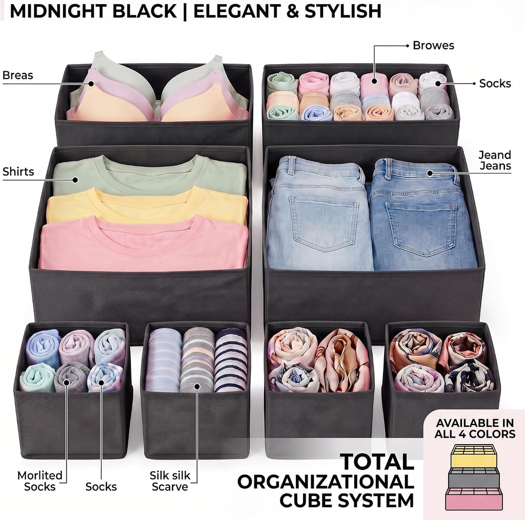 Drawer Organizer for Clothes, 8 Pack Black Fabric Dresser Storage Bins