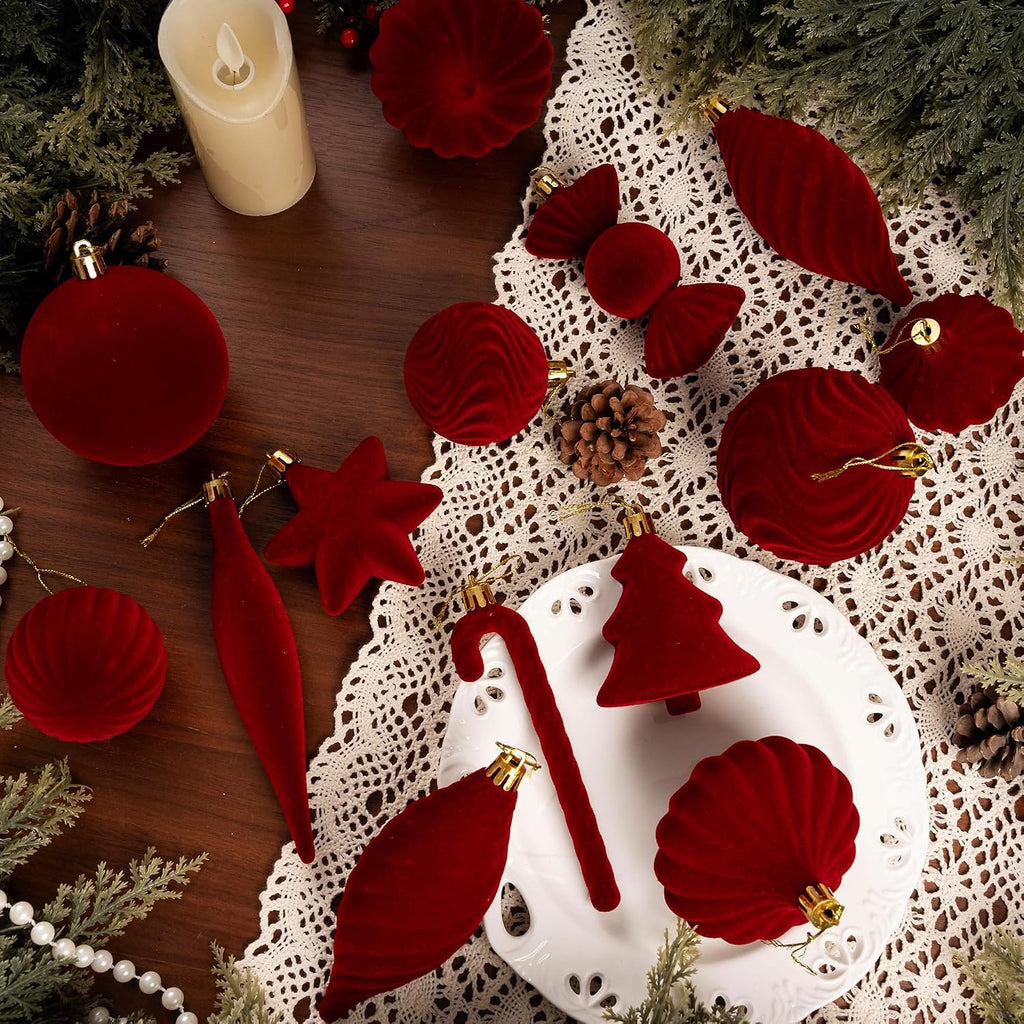 30PCS Red Velvet Christmas Ornaments Set,Burgundy Velvet Ornaments for Tree