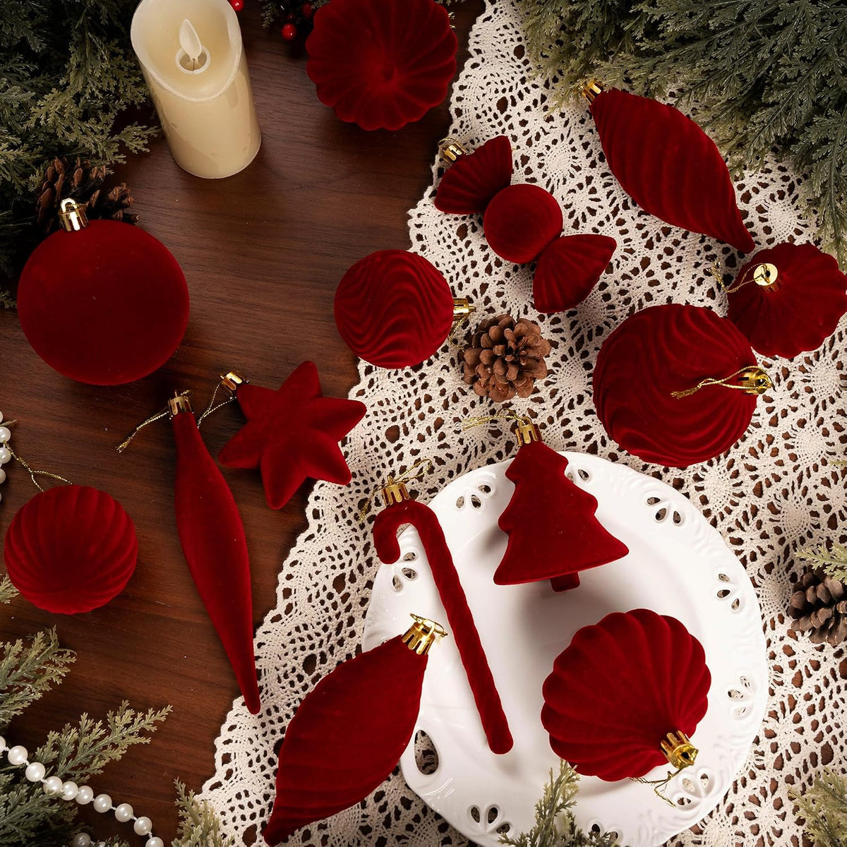 30PCS Red Velvet Christmas Ornaments Set,Burgundy Velvet Ornaments for Tree