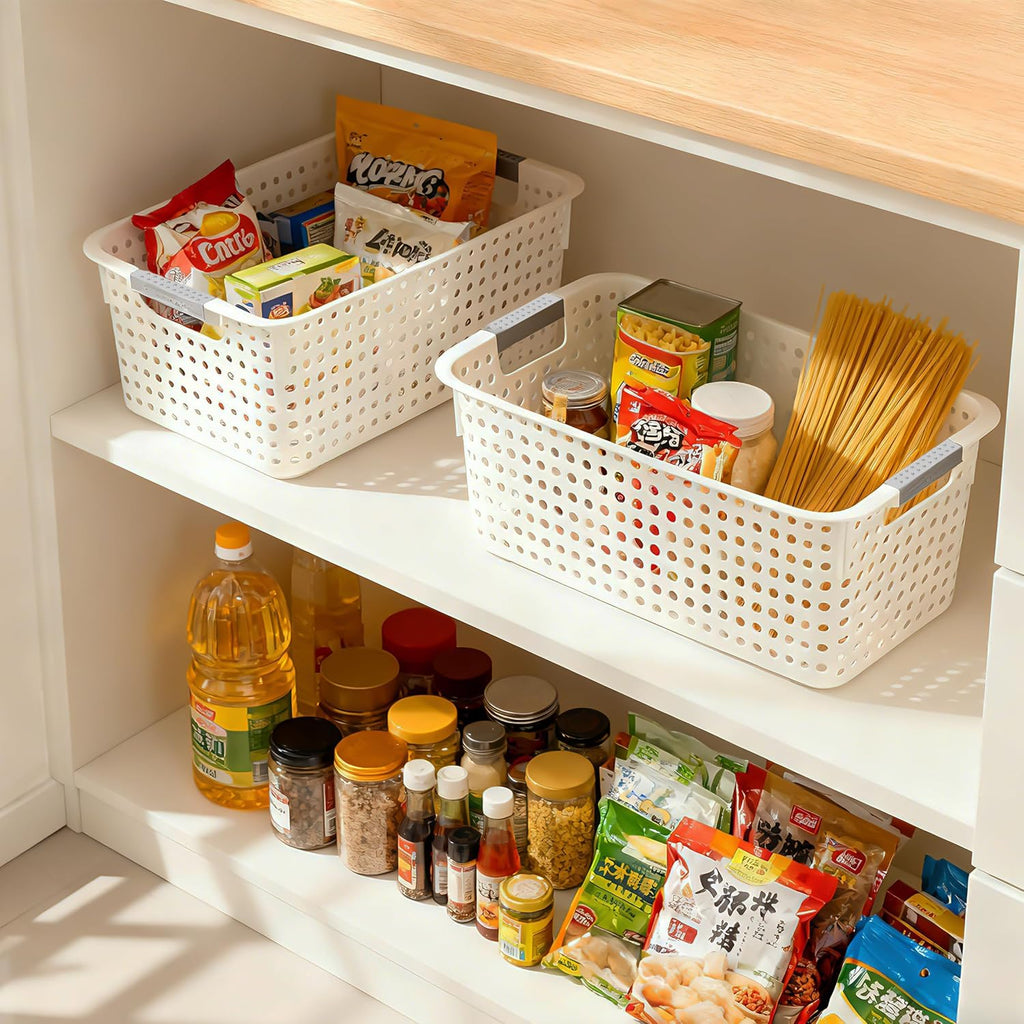 Soddeph 4-Pack Hollow Plastic Storage Baskets with Handles(White, Medium)