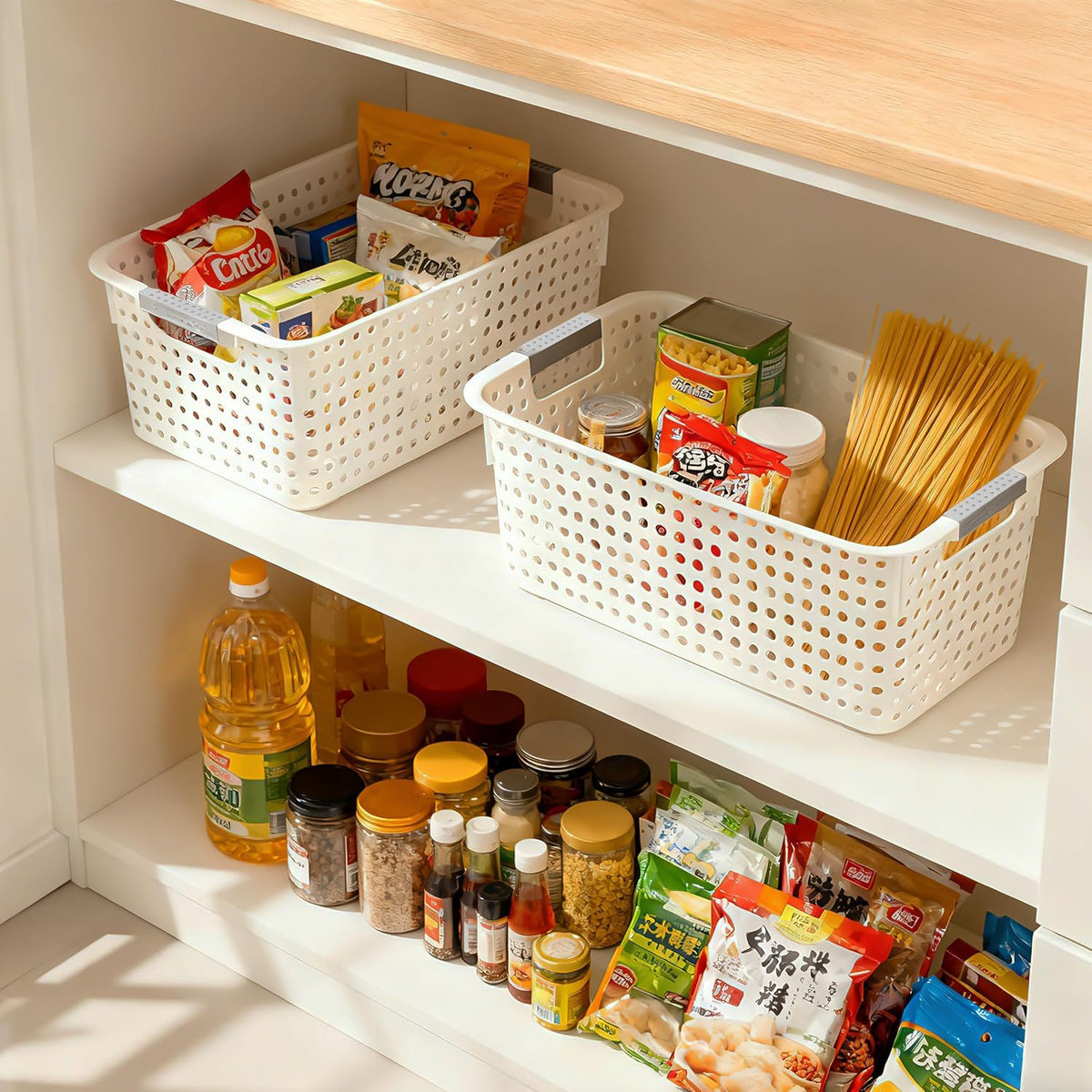 Soddeph 4-Pack Hollow Plastic Storage Baskets with Handles(White, Medium)