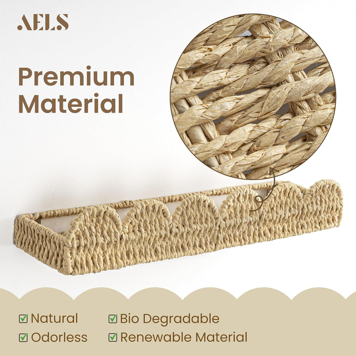 AELS Scalloped Nursery Bookshelf, Set of 4, Picture Ledge Shelf for Wall Decor, Woven Straw Paper Floating Shelves for Books, Toys, Photo Frames, Nursery, Boho Modern Farmhouse Book Shelf, Beige