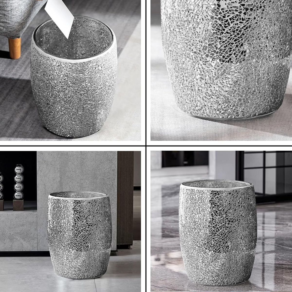 Escenzy Silver Bathroom Trash Can, Handmade Mosaic Glass 1.3 Gal / 5L | Decorative Waste Basket for Bathroom, Bedroom, Office | Luxury Silver Glitter Bathroom Decor | Glam Home Decor Gift