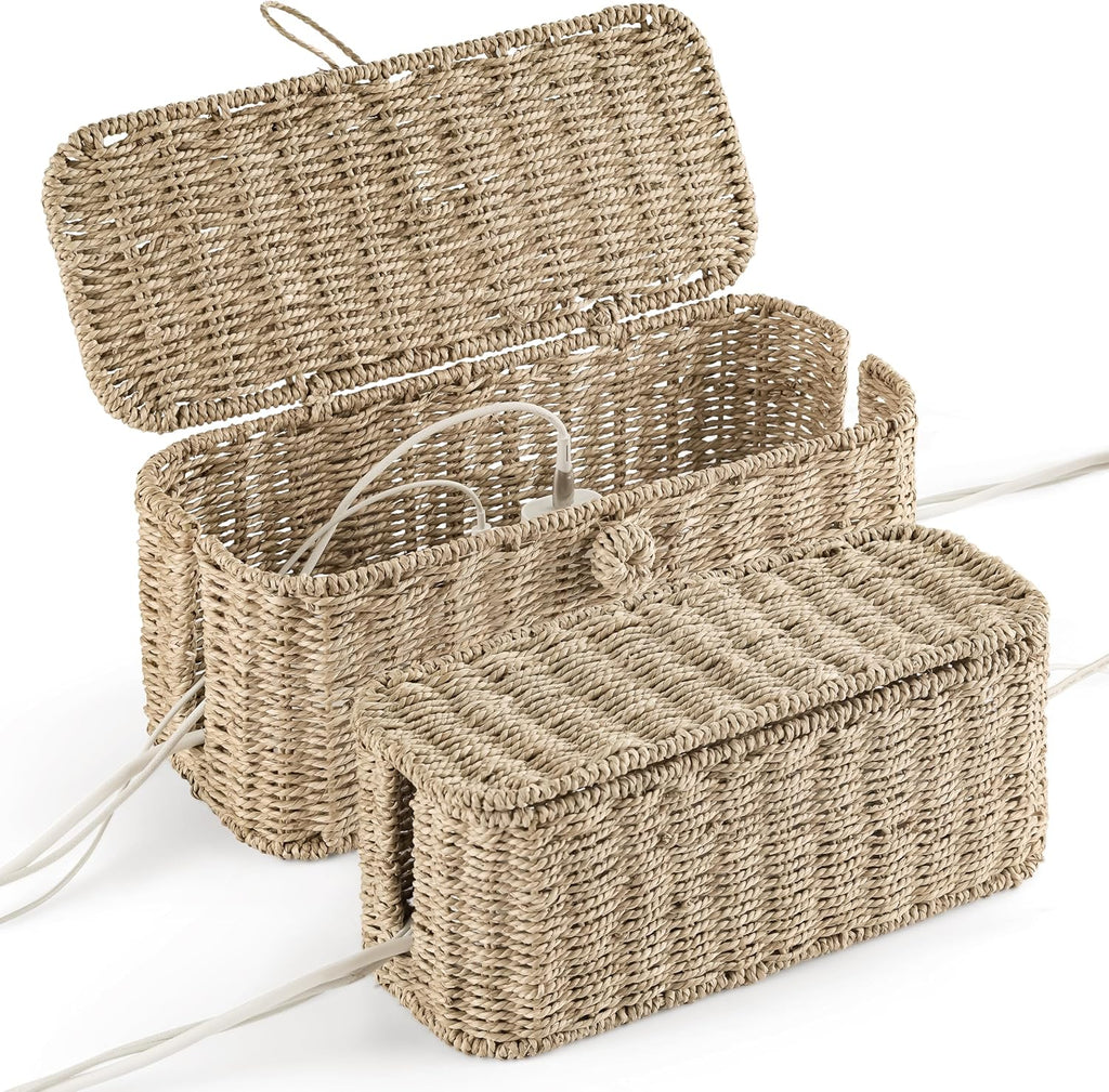 Bluewest 2-Pack Cable Management Box with Lids, Rattan Cord Organizer