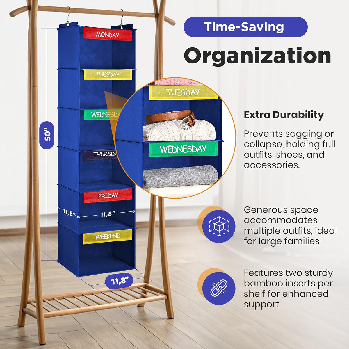 Kids Hanging Closet Organizer 6-Shelf with Day-of-Week Labels Blue