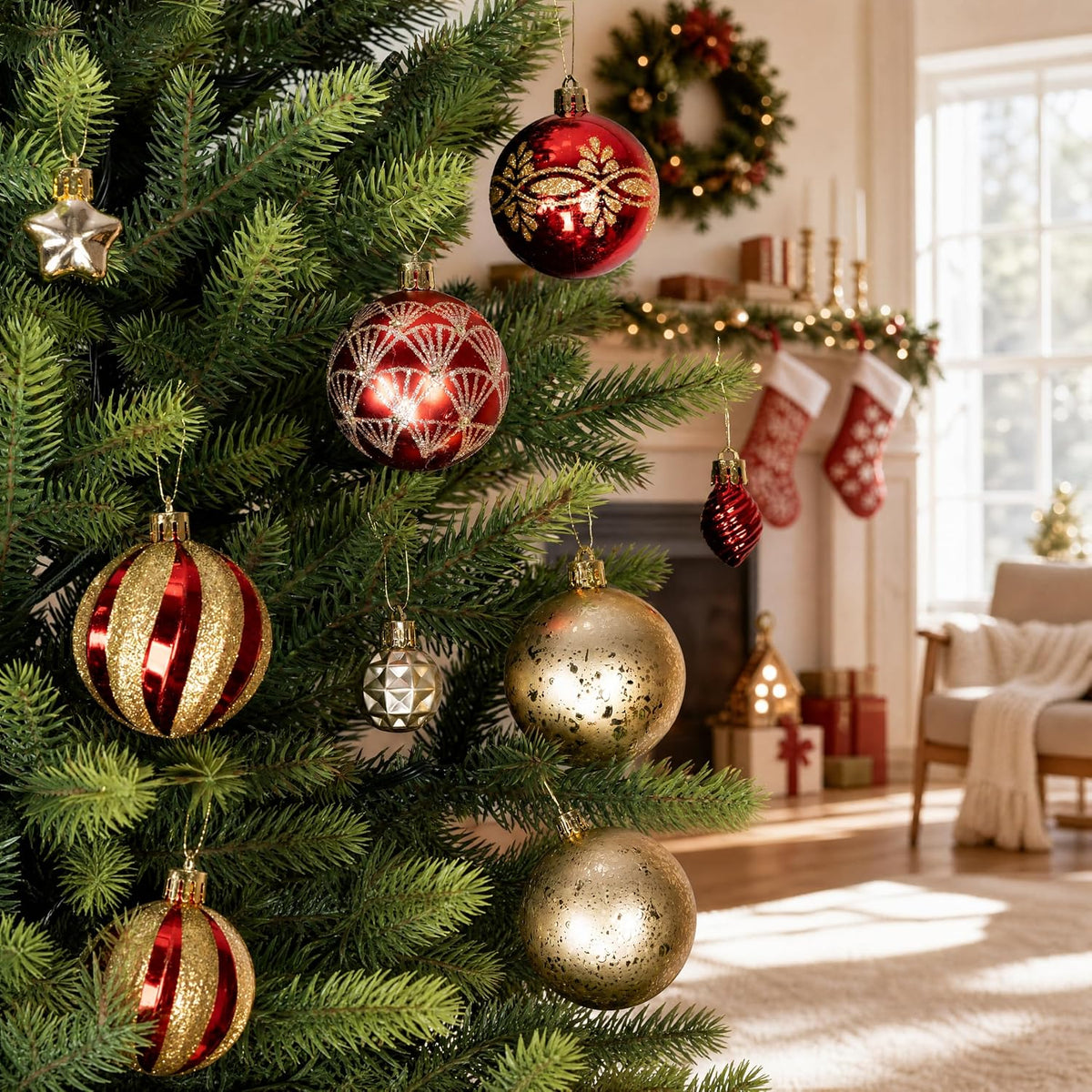 46PCS Christmas Ornament Set, Red and Gold Christmas Tree Decor