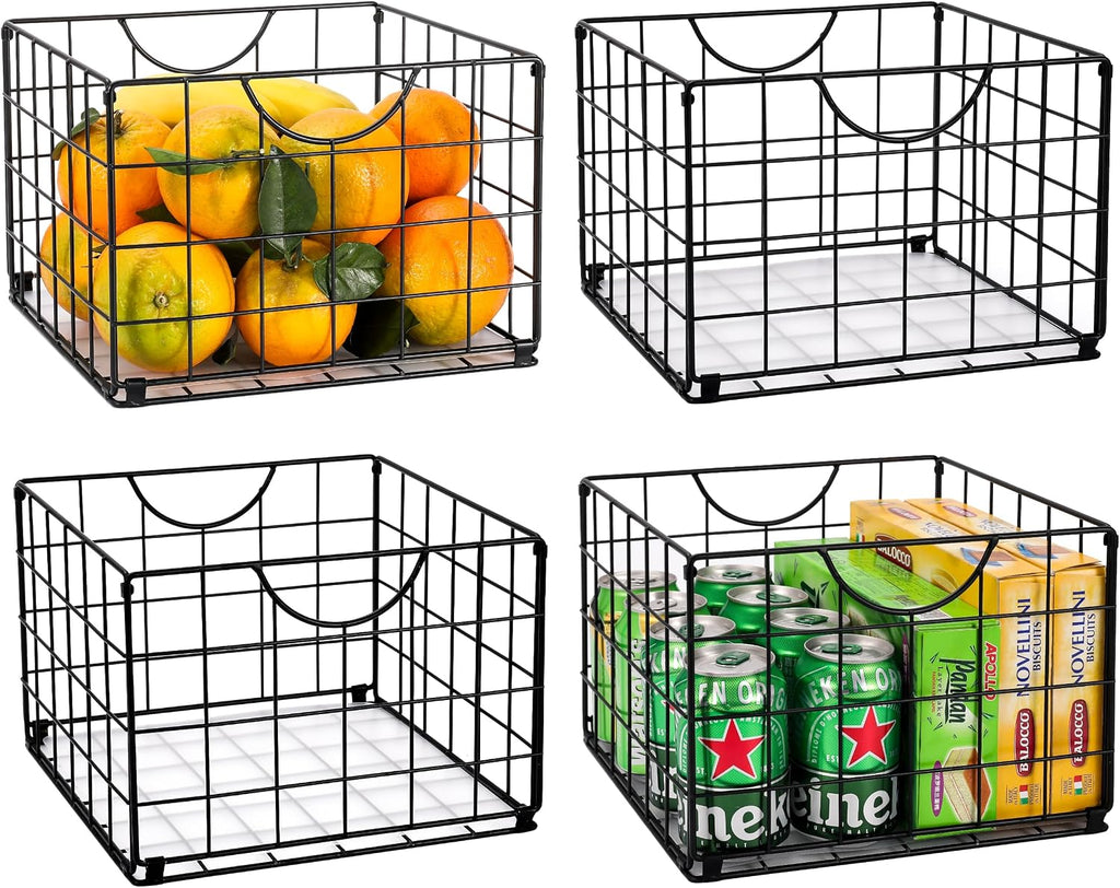 DINGTAI Metal Wire Basket Foldable Set of 4, Metal Bins for Organizing with PVC Sheet, 10.5x10.5in Wire Pantry Baskets Freezer Organizer Bins for Kitchen Closet Bathroom-Black