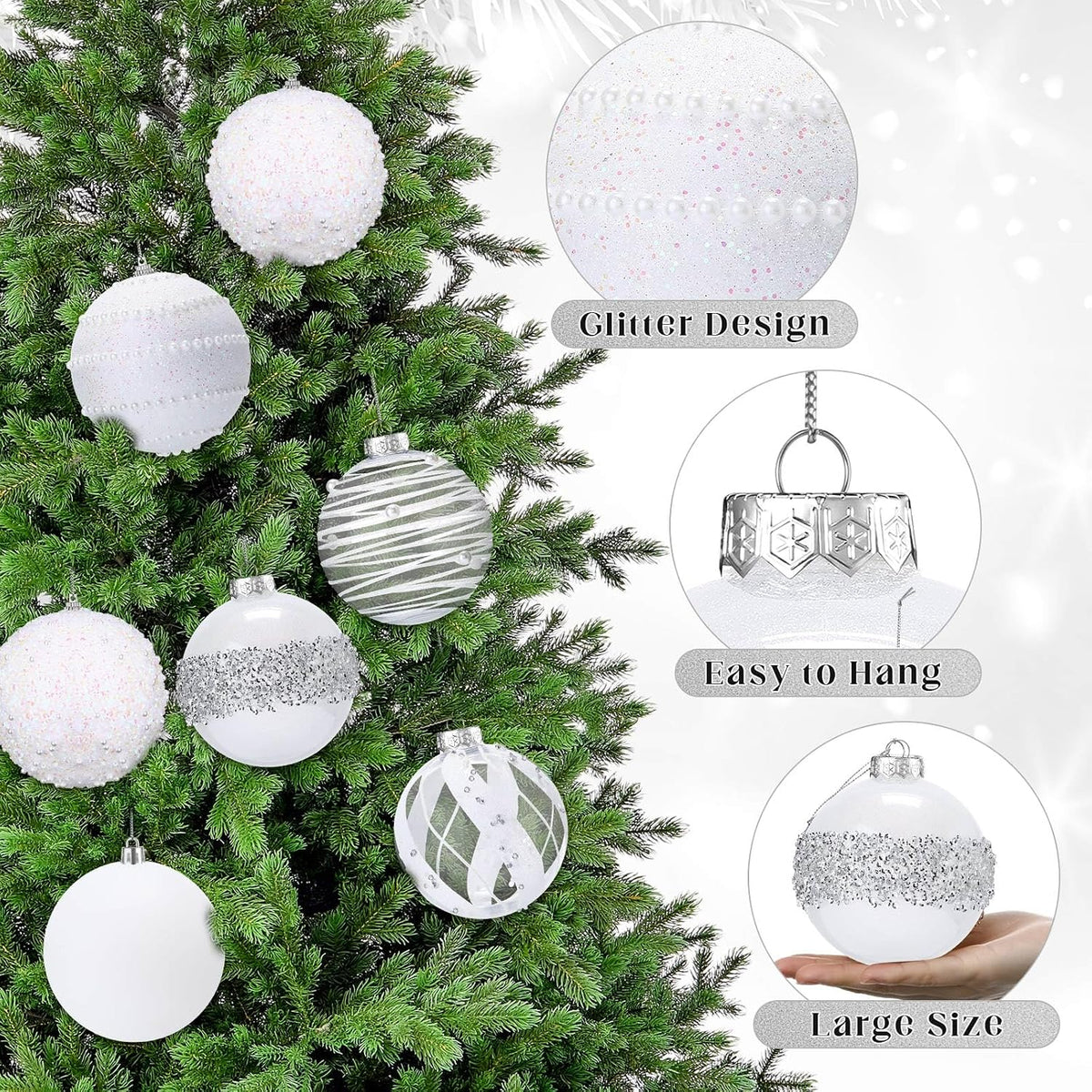 Lyrow 12 Pcs Christmas Balls Ornaments, White, 2.36''