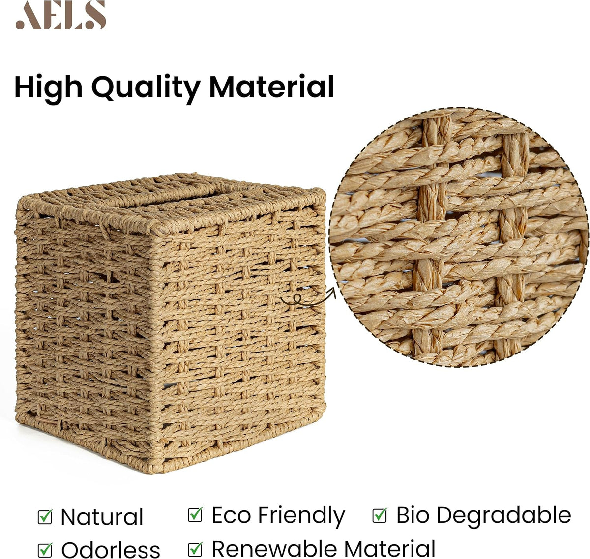 AELS Farmhouse Tissue Box Cover Square, Hand Woven Strawpaper Facial Tissue Paper Holder, Cute Tissue Box Holder Square, Boho Bathroom Decor Box for Tissues Cube Box w/Elastic Bottom, Natural