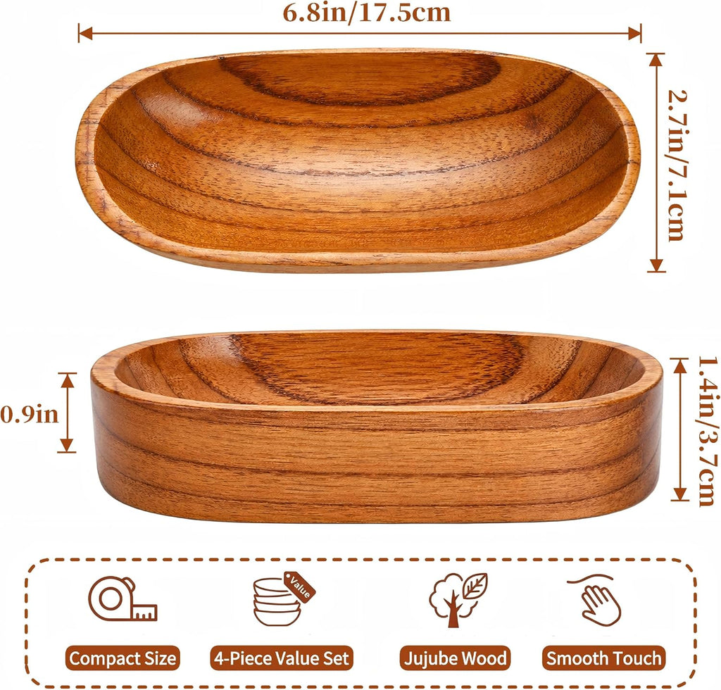 4 Pack Decorative Oval Wood Bowl, 7 Inch Long Handcrafted Wooden Boat Bowl, Small Entryway Catchall Tray Holder for Snack, Sauce, Jewelry, Ring, Key, Remote, Home Decor, Table Centerpiece