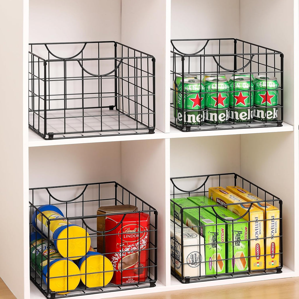 DINGTAI Metal Wire Basket Foldable Set of 4, Metal Bins for Organizing with PVC Sheet, 10.5x10.5in Wire Pantry Baskets Freezer Organizer Bins for Kitchen Closet Bathroom-Black