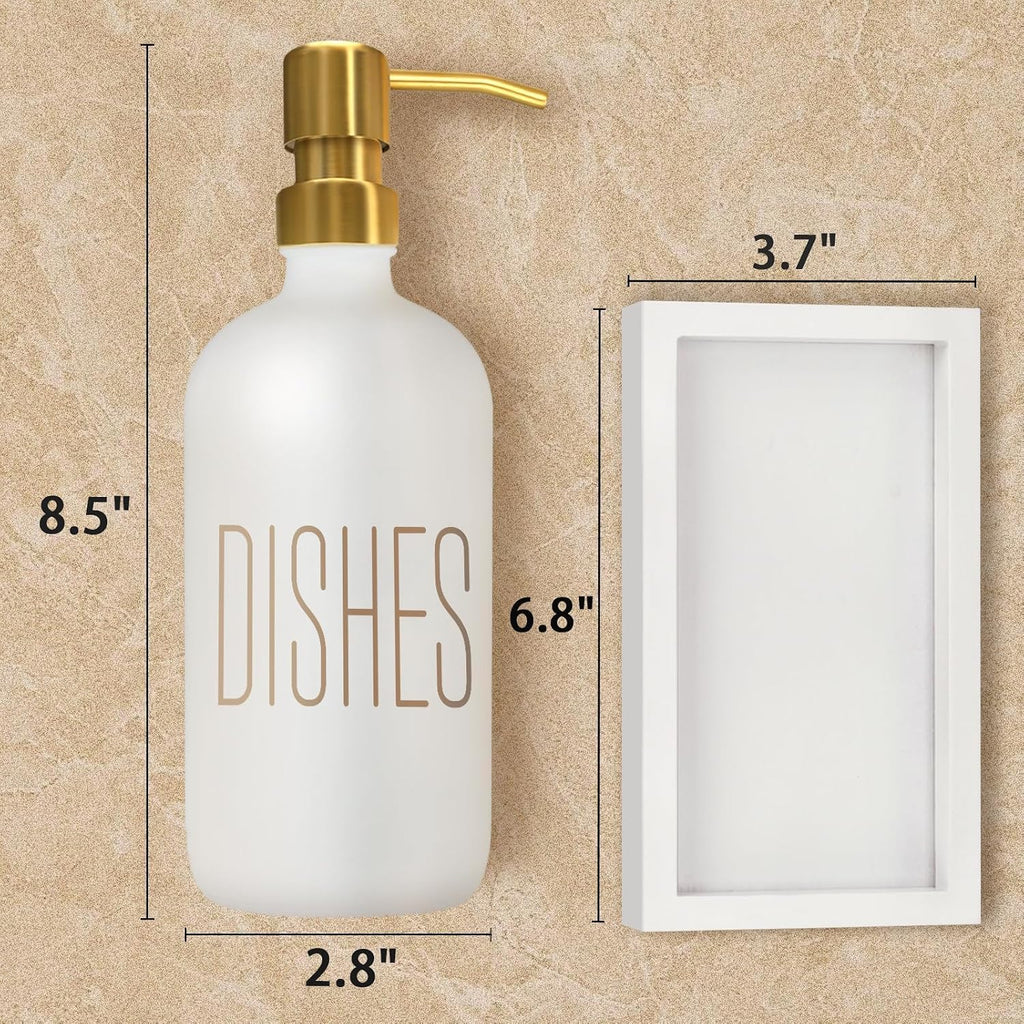 Soap Dispenser Set, Contains Hand Soap Dispenser and Dish Soap Dispenser for Kitchen， Glass Soap Dispenser with Stainless Steel Pump，for Luxury Gold Kitchen Counter Decor，（White）