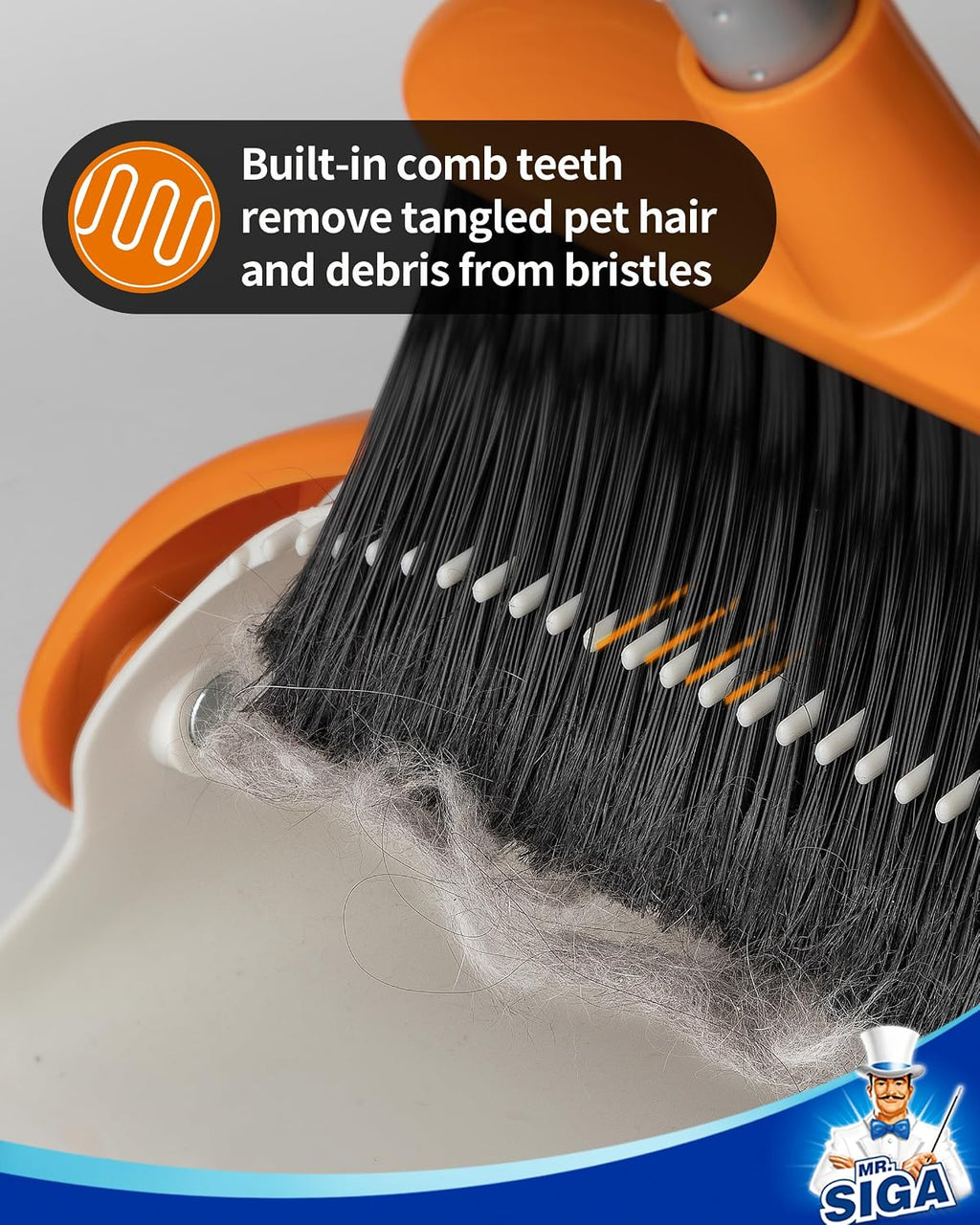 MR.SIGA Broom and Dustpan Set with Adjustable Long Handle, White & Orange