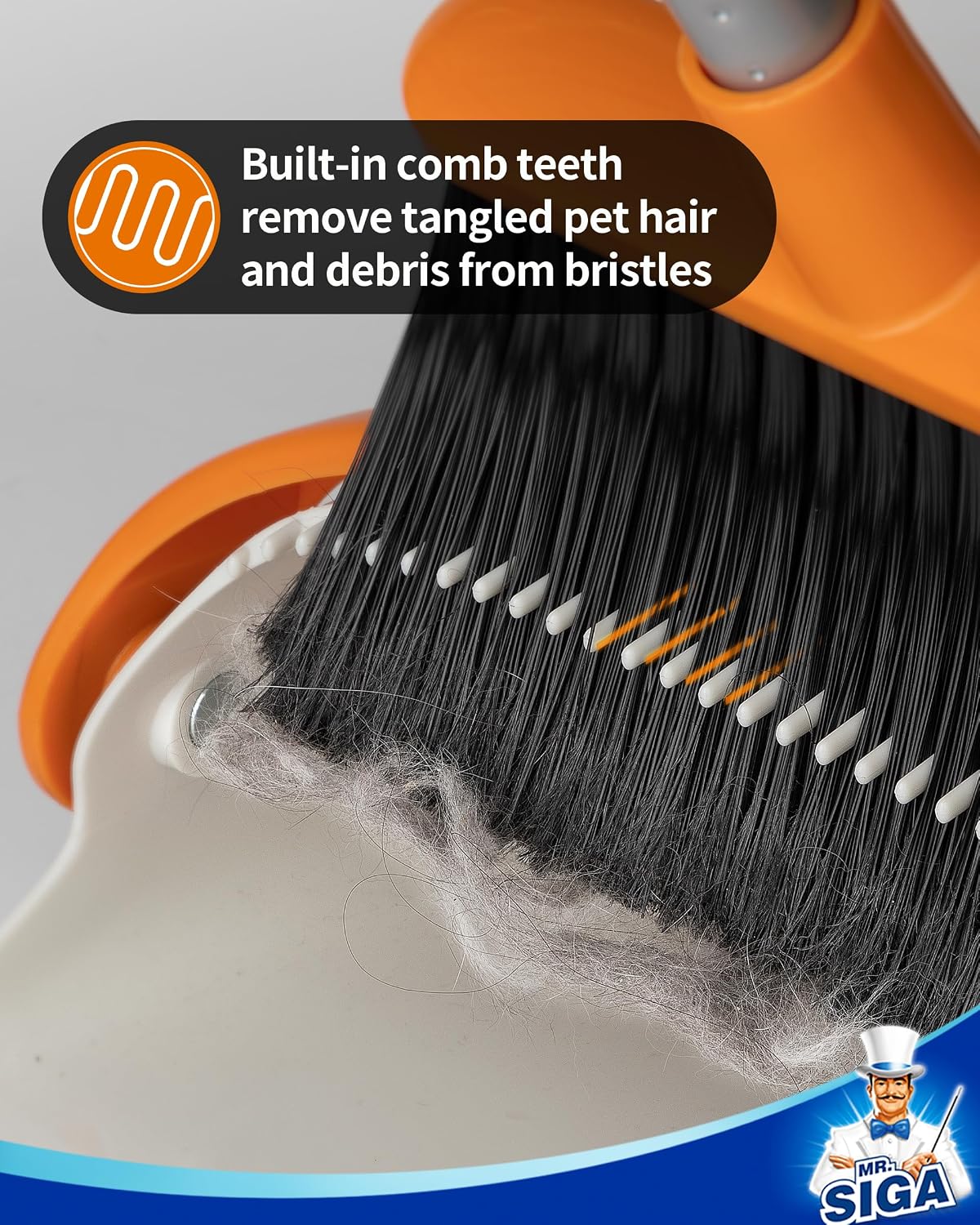 MR.SIGA Broom and Dustpan Set with Adjustable Long Handle, White & Orange
