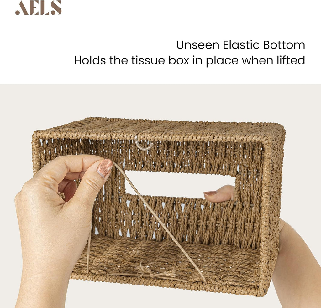 AELS Farmhouse Tissue Box Cover, Hand Woven Strawpaper Facial Tissue Paper Holder, Cute Tissue Box Holder, Boho Bathroom Decor Box w/Elastic Bottom, Tissue Holders for Bathroom Vanity, Natural