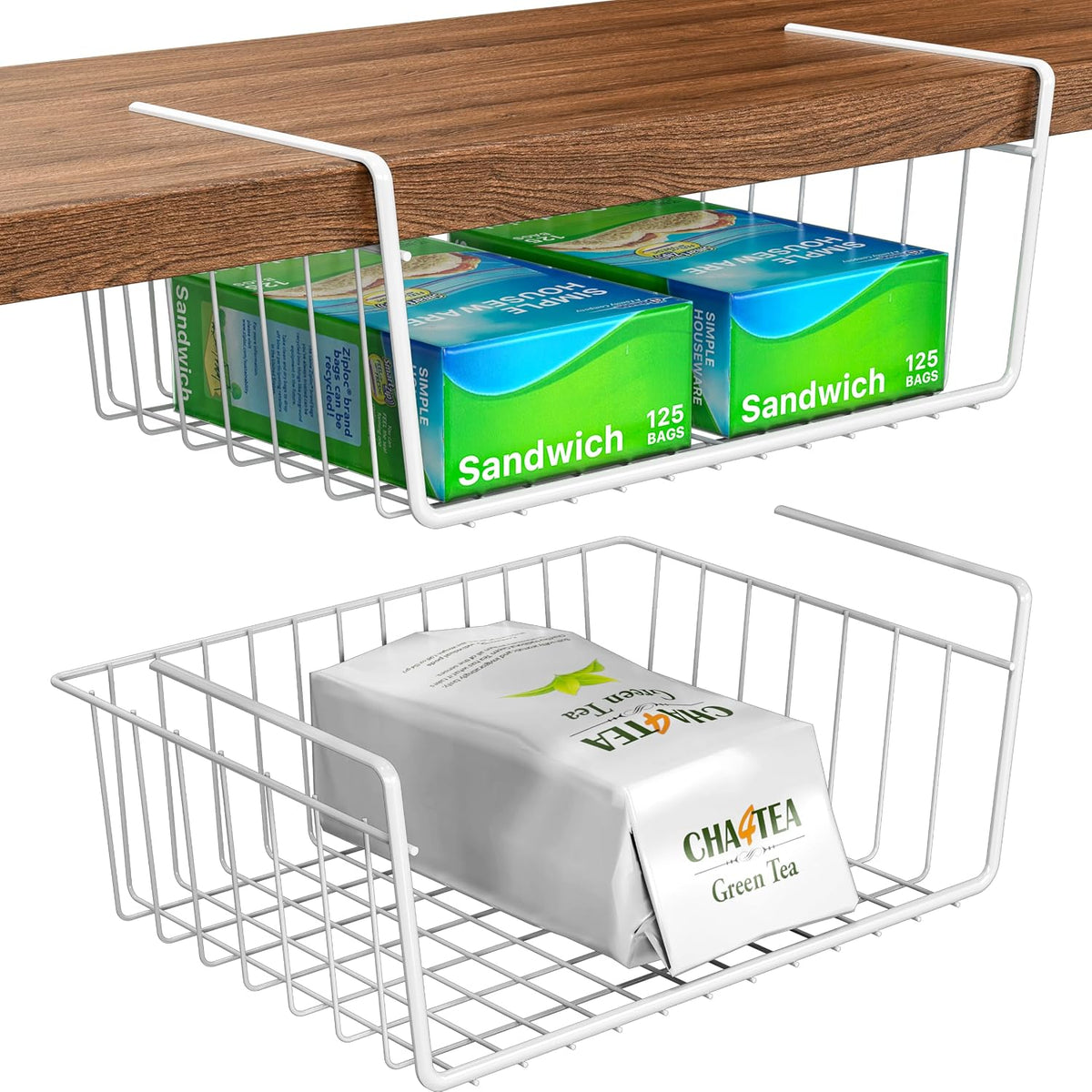 Simple Houseware 2-Pack Under Shelf Wire Metal Basket Shelf, White