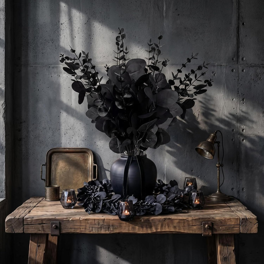 120 Pcs Black Artificial Eucalyptus Stems, 3 Styles Matte Pure Faux Eucalyptus Leaves Branches for Gothic Party Halloween Dark Wedding Industrial Home Decoration