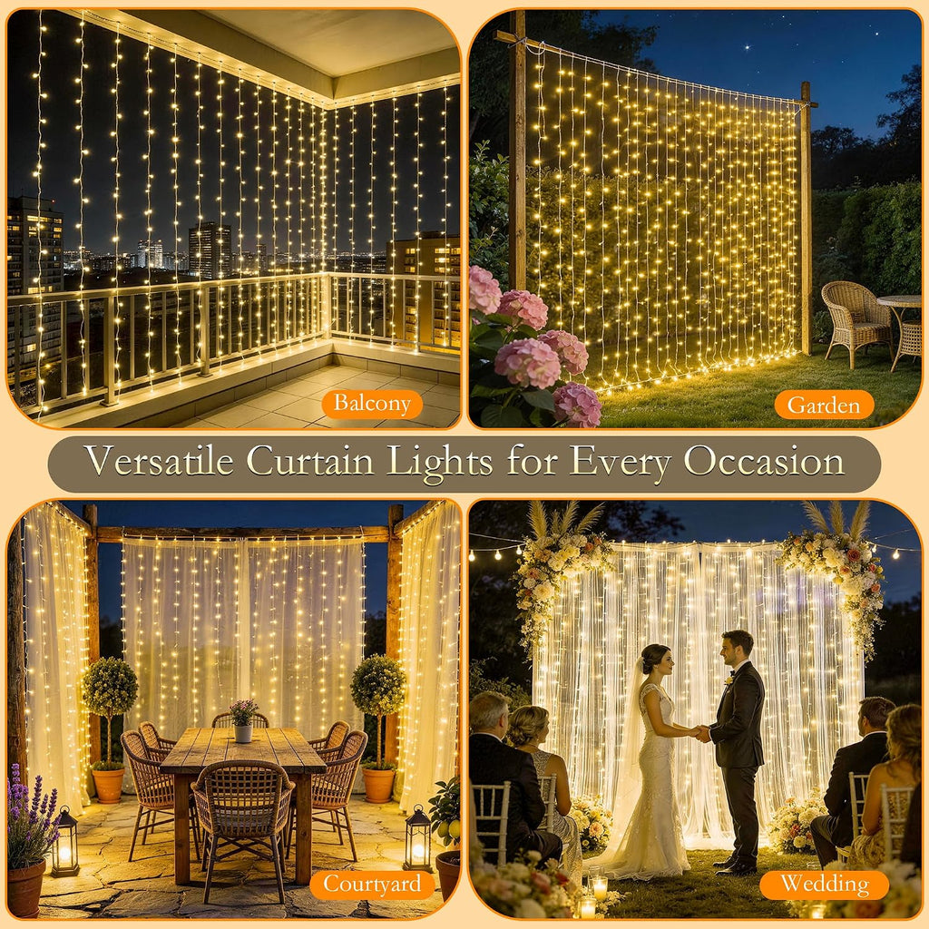 Curtain String Lights 300LED 9.8x9.8FT, Warm White, IP44, 9.8FT Lead