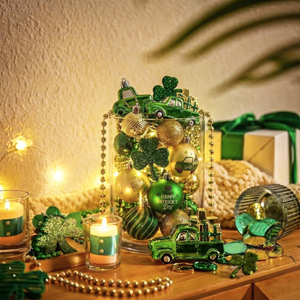 DecorbyHannah St Patricks Day Decorations Shamrock Irish Tree Ornaments Set, 21ct Large Green Gold St. Patrick's Day Shatterproof Good Luck Clover Hanging Ball Ornaments for Christmas Party Spring