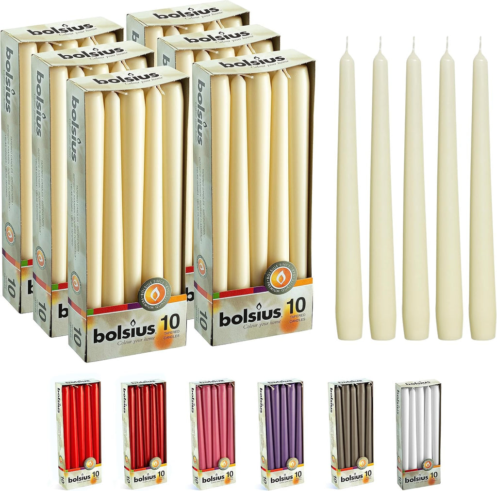 BOLSIUS Long Household Ivory Taper Candles - 10-inch Unscented Premium Quality Wax - 8 Hours Long Burning Dripless Candles Bulk Pack of 60 for Home Decor, Wedding, Parties and Special Occasions