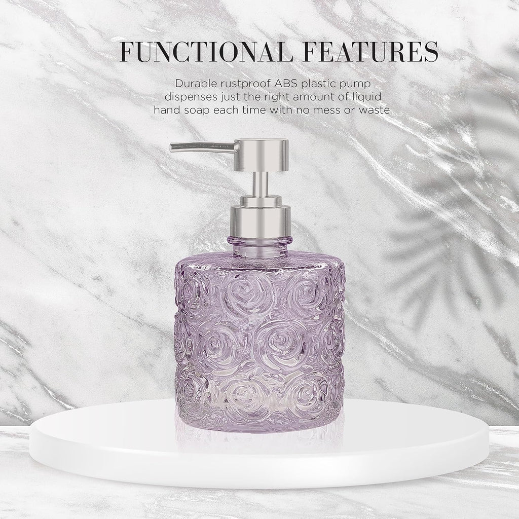 Marcella Glass Soap Dispenser with Soap Pump, Refillable 14 Ounce Capacity, Floral Design Rose Patterns, Heavy Weight Thick Glass for Bathroom, Premium Kitchen Soap Dispenser Lavender