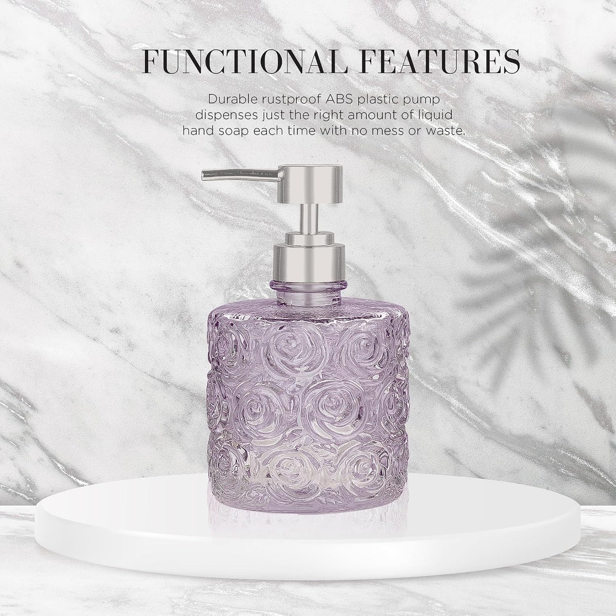 Marcella Glass Soap Dispenser with Soap Pump, Refillable 14 Ounce Capacity, Floral Design Rose Patterns, Heavy Weight Thick Glass for Bathroom, Premium Kitchen Soap Dispenser Lavender