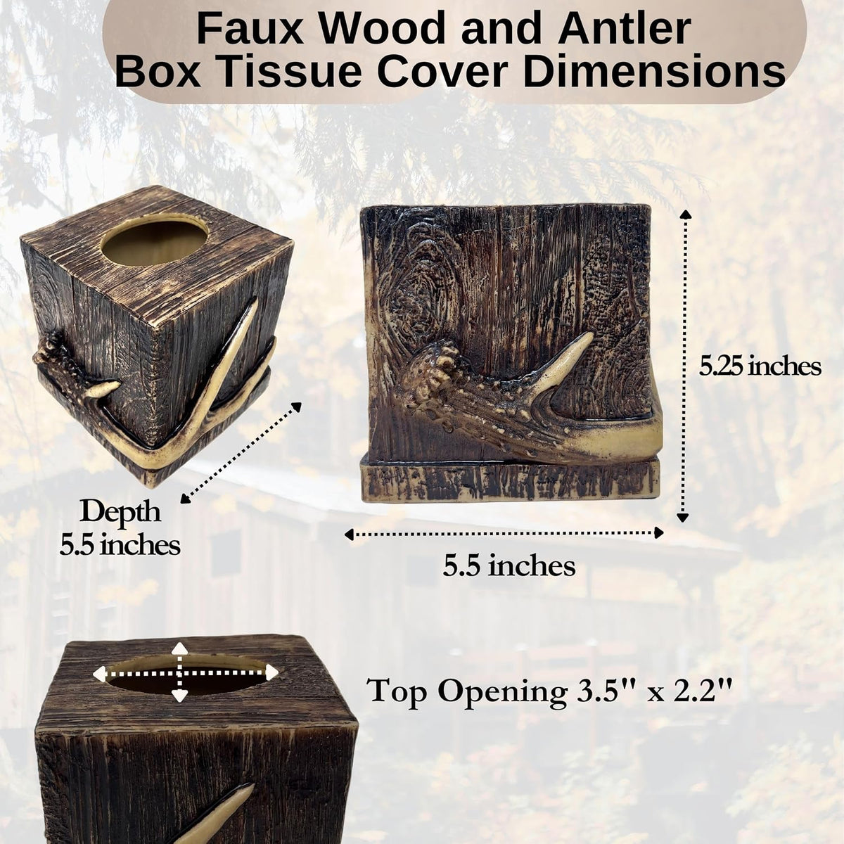 BestGiftEver Realistic Wood with Antler Accent Square Tissue Box Cover