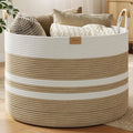 Nunsino 115L Blanket Basket with Leather Handles,Laundry Basket,Brown White