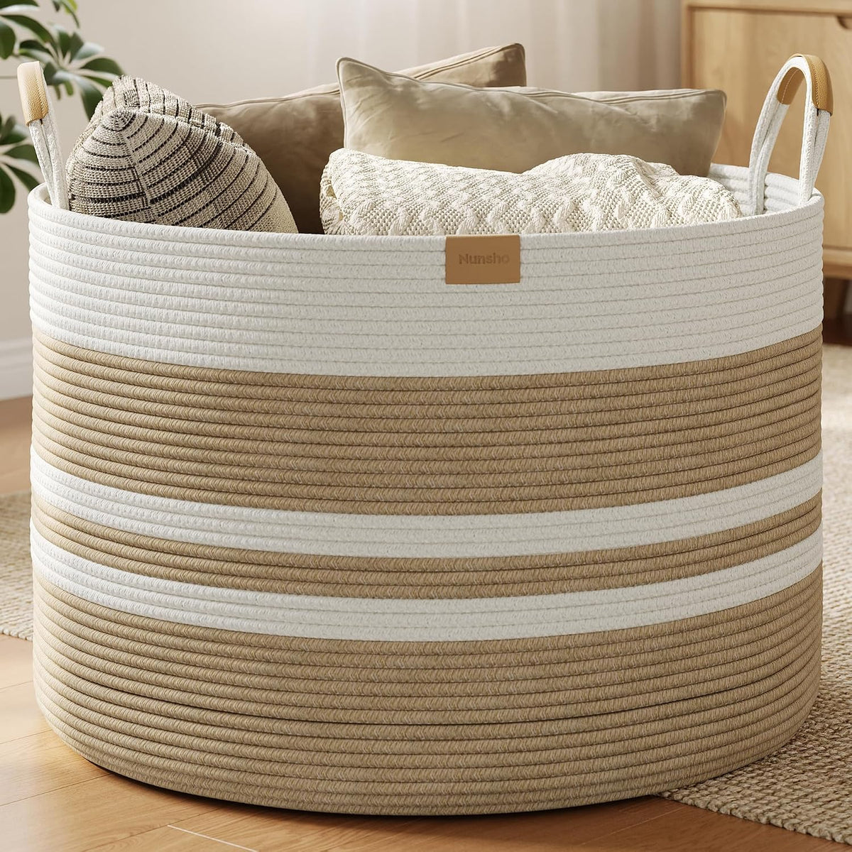 Nunsino 115L Blanket Basket with Leather Handles,Laundry Basket,Brown White
