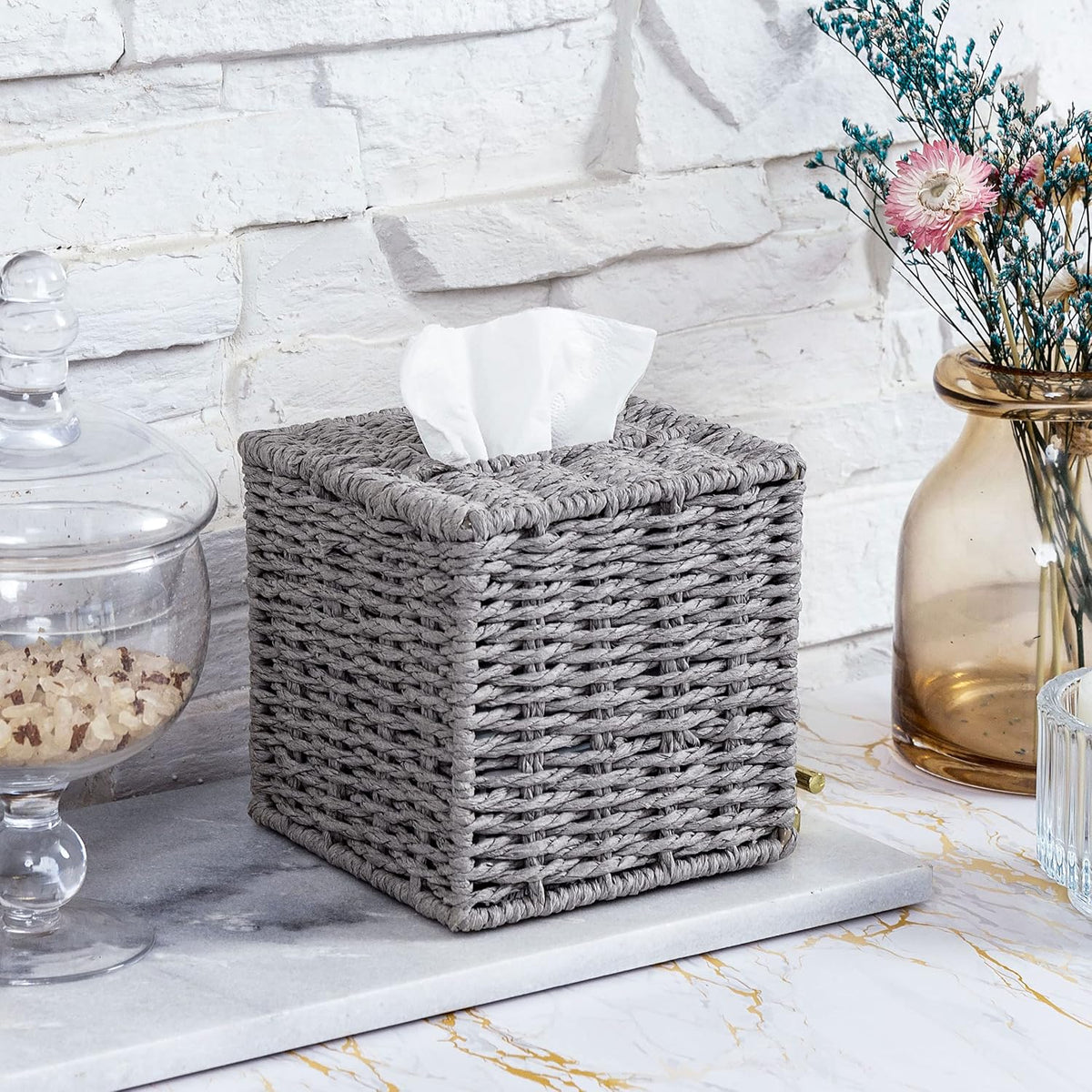 MyGift Gray Tissue Box Cover Square with Lid - Decorative Rattan Kleenex Holder, Woven Cube Tissue Holder for Bathroom Toilet Bedroom Living Room Kitchen Table Desk Office Car