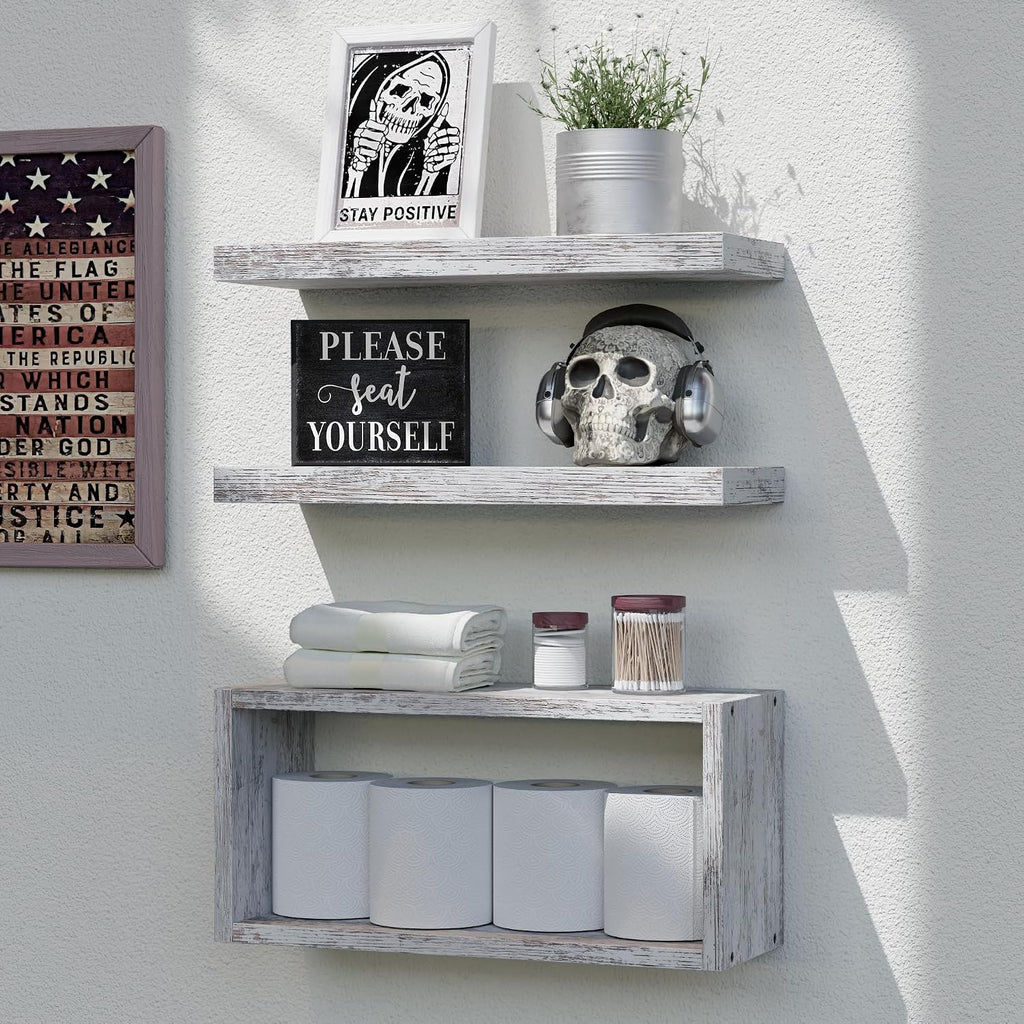 RICHER HOUSE 3-Set Rustic White Floating Shelf, Bathroom Shelf Over Toilet