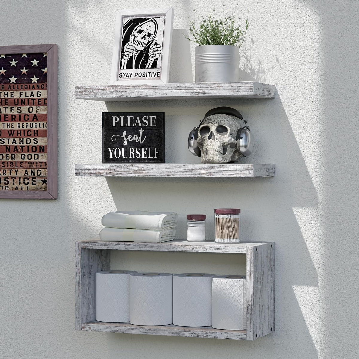 RICHER HOUSE 3-Set Rustic White Floating Shelf, Bathroom Shelf Over Toilet