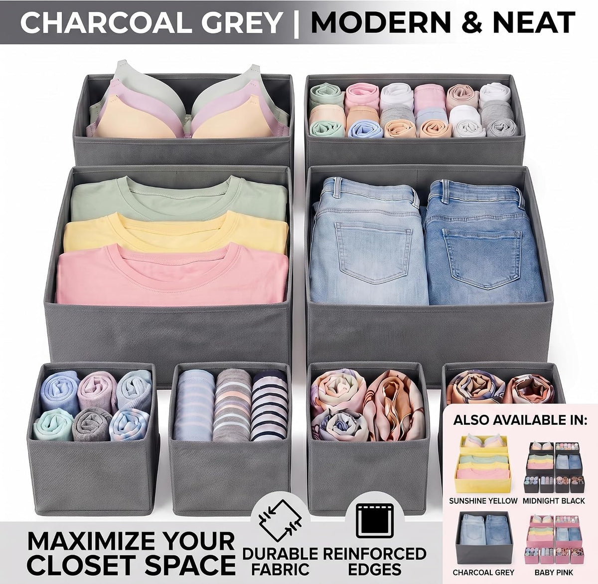 Drawer Organizer for Clothes, 8 Pack yellow Fabric Dresser Storage Bins