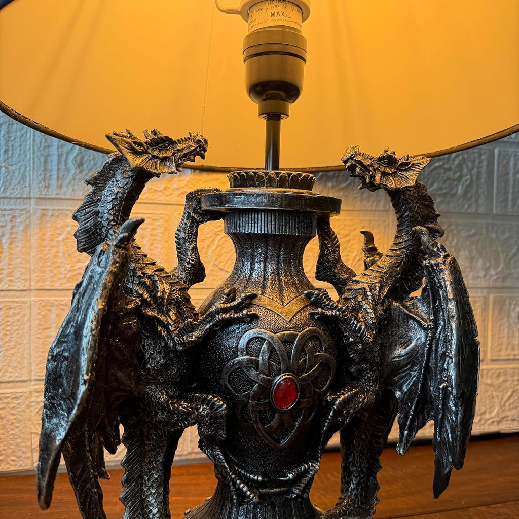 Dragon Table Lamp, 19 Inch Gothic Guardians with Black Fabric Shade
