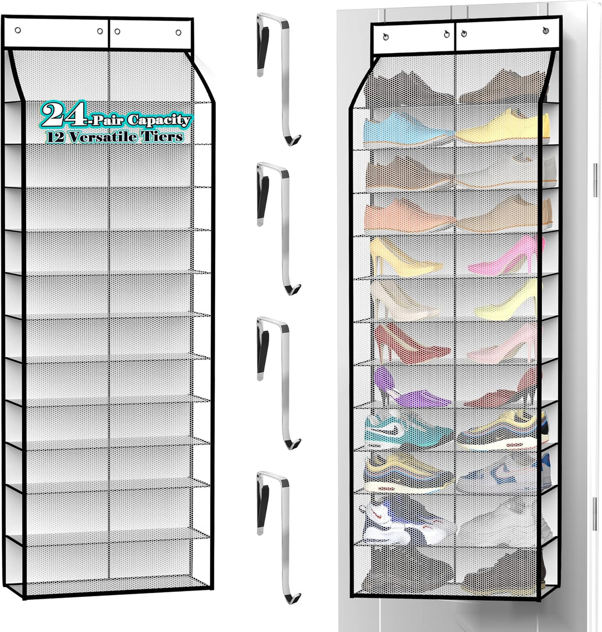 Kotkn 24-Pair Over Door Shoe Organizer for Family & Kids, Double Sided | Hanging Storage for Sneakers, Boots, Toys & Room Organization-Pearl White