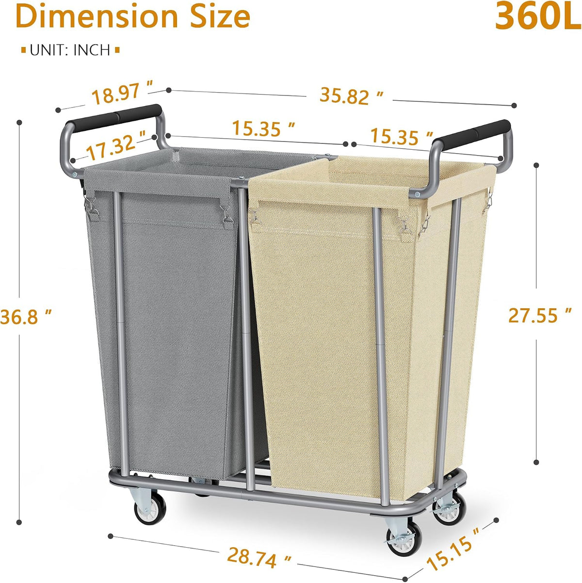 Gewudraw 2 Bag 360L Laundry Baskets with Wheels Heavy Duty