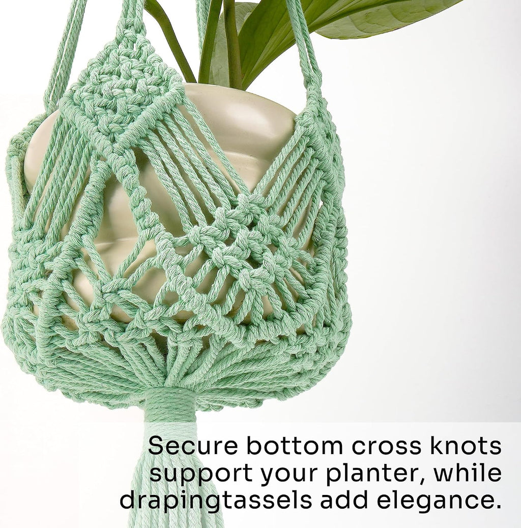 2 Pack Macrame Plant Hangers, 33-Inch Cotton Rope Hanging Planters with Diamond Design, Boho Home Decor for Indoor and Outdoor Use, Green