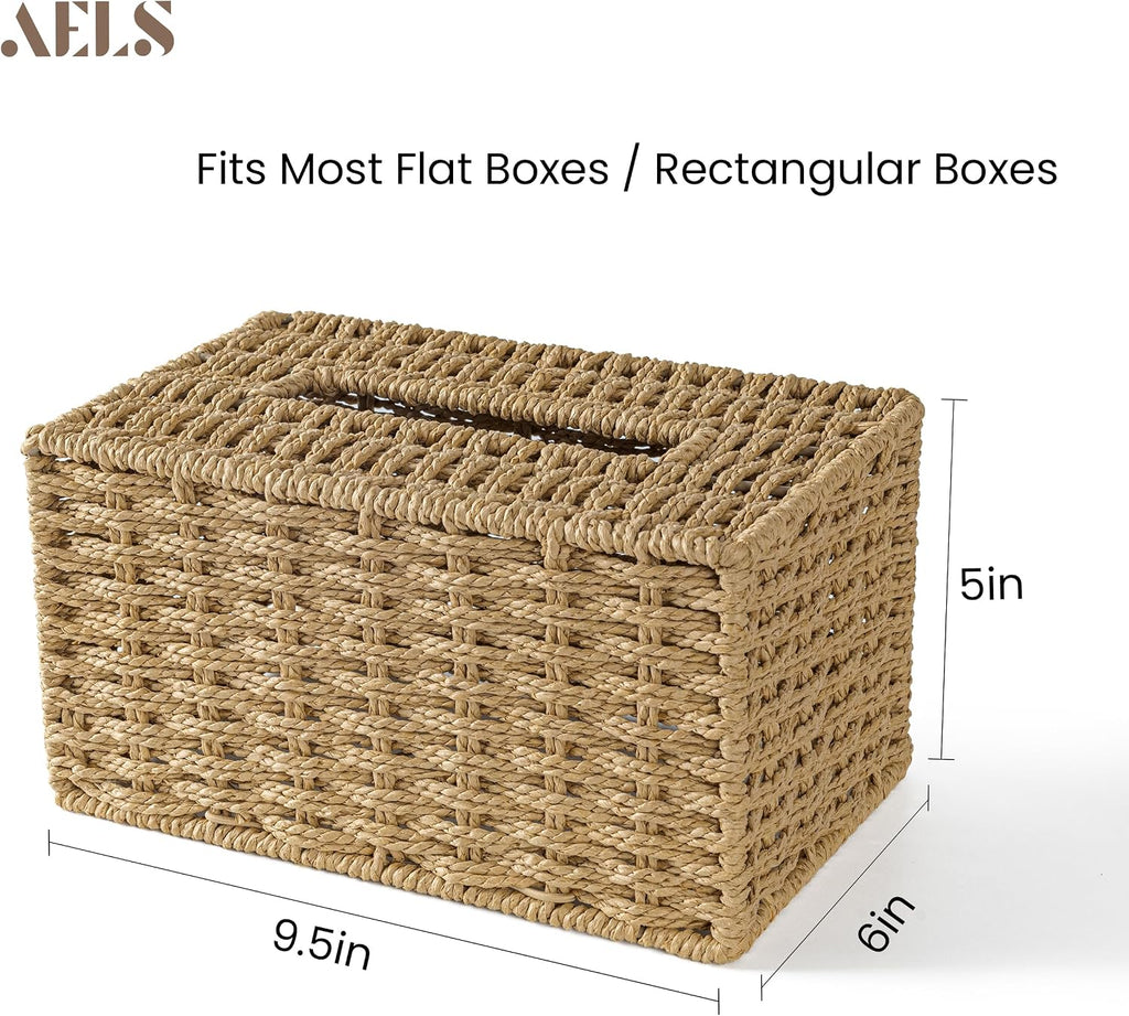 AELS Farmhouse Tissue Box Cover, Hand Woven Strawpaper Facial Tissue Paper Holder, Cute Tissue Box Holder, Boho Bathroom Decor Box w/Elastic Bottom, Tissue Holders for Bathroom Vanity, Natural