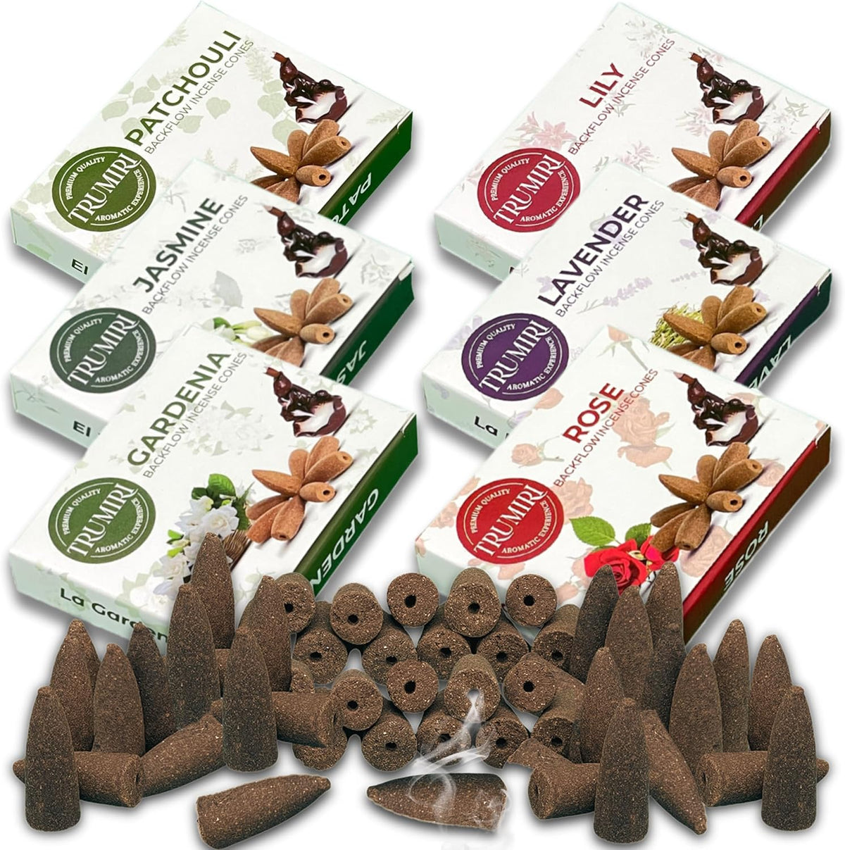 Floral - Backflow Incense Cones for Waterfall - Scented Inscents-Cones - Lavender, Jasmine, Rose, Patchouli, Lily, Gardenia - Insiensos Aromaticos - 6x10=60 Large Variety Pack