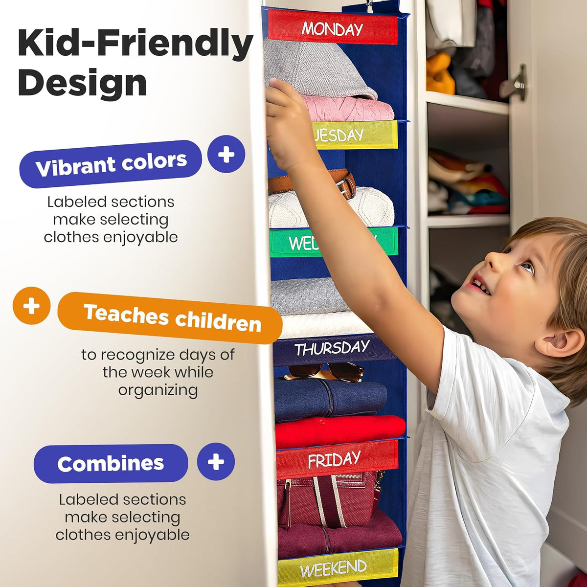 Kids Hanging Closet Organizer 6-Shelf with Day-of-Week Labels Blue