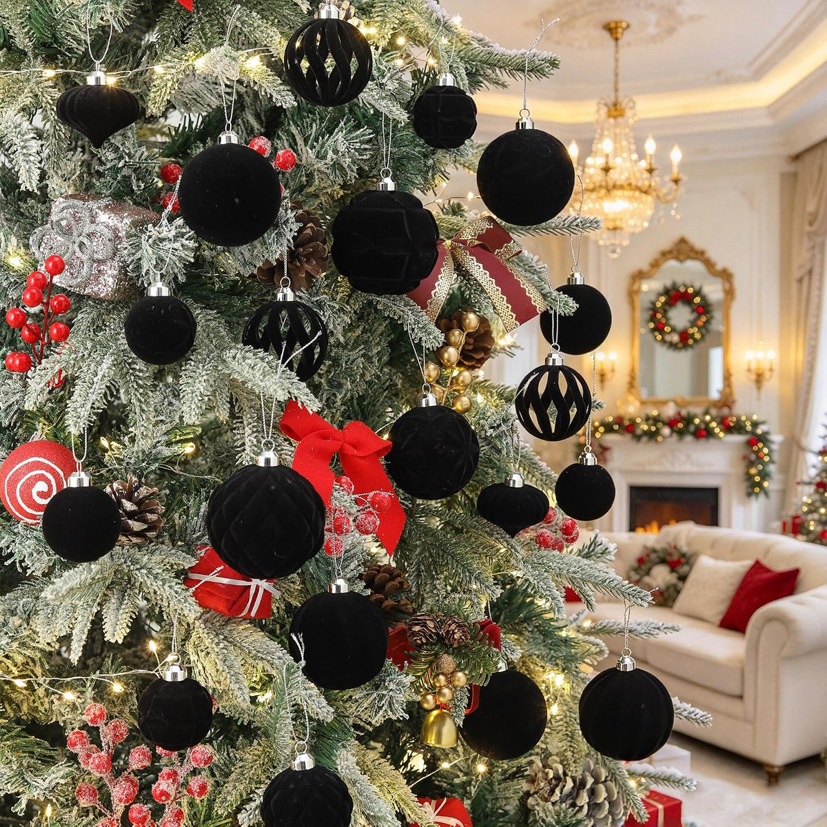 36pcs Velvet Christmas Ball Ornaments, Flocked Shatterproof Christmas Ornaments, Xmas Tree Decorations Set Hanging Ornaments for Xmas Holiday Party Home Decor(Black)