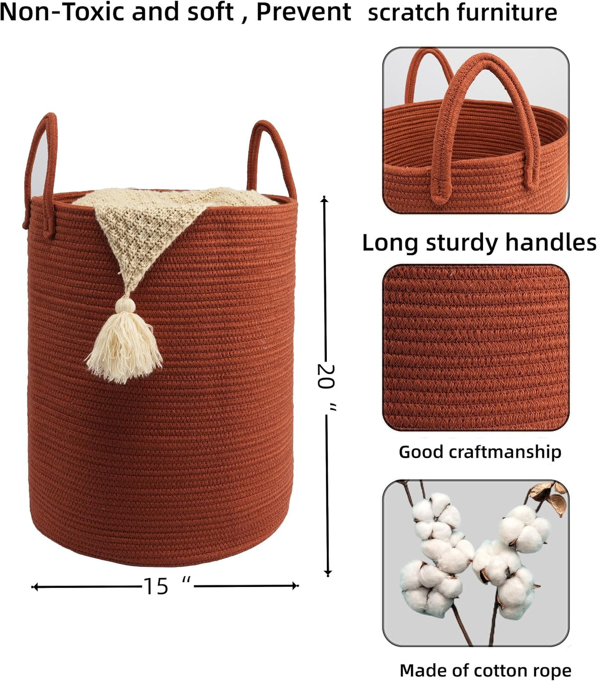 Woven Cotton Rope Laundry Basket, 15" x 20" Laundry Hamper, Rustic