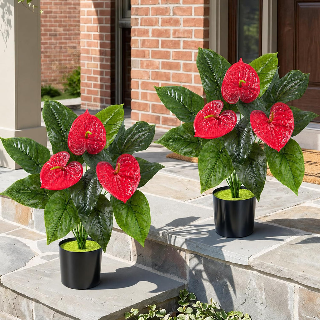 Anthurium Artificial Flowers with Pots, 2 Pack Fake Flowers Potted Faux Outdoor Plants, UV Resistant Realistic Faux Tropical Greenery for Planters Inside Porch Patio Yard (Red, 21.6")