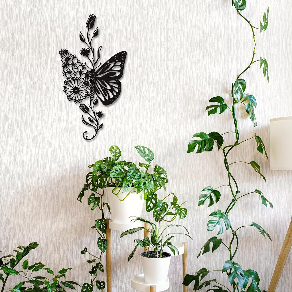 Rajukit Butterfly Flower Metal Wall Art Black for Living Room