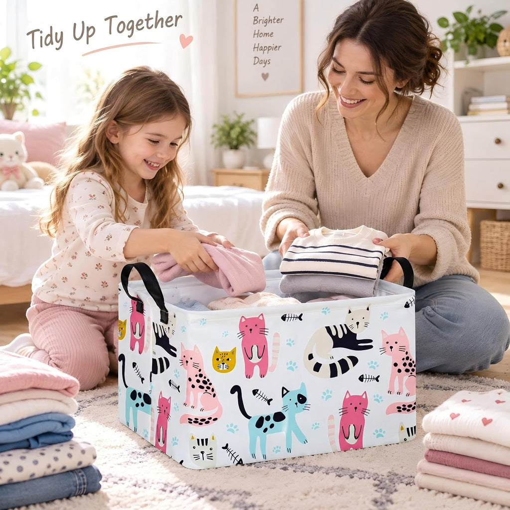 Cat Storage Basket, Foldable Cotton Linen Storage Bin with Handles, Cute Cat Print Rectangular Organizer Basket with Water Resistant Lining for Closet Shelves, Bedroom, Toys, Laundry and Gifts